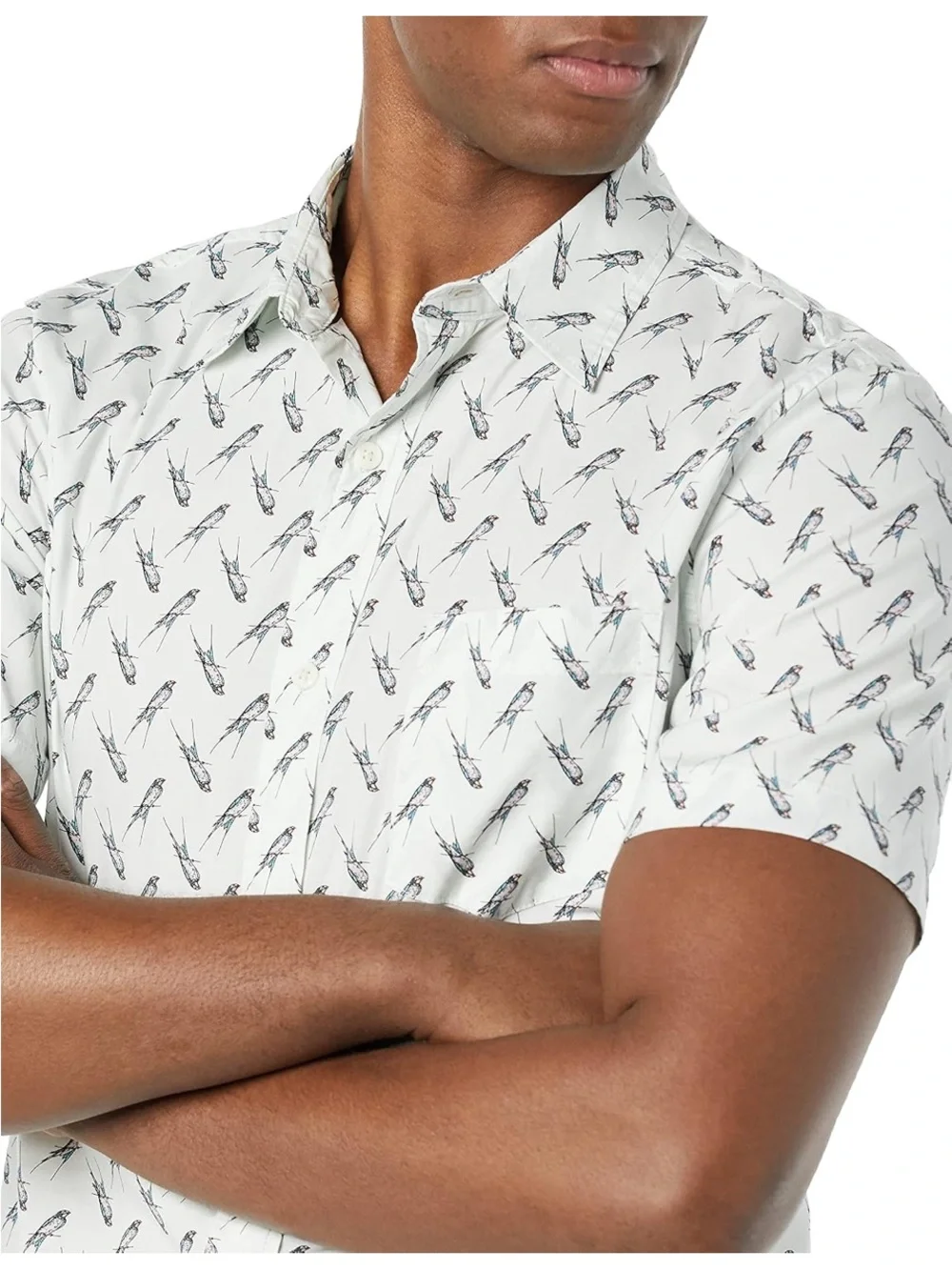 🚘 NWOT Amazon Essentials Cream Short-Sleeve BIRD Printed Button-Down Shirt SLIM